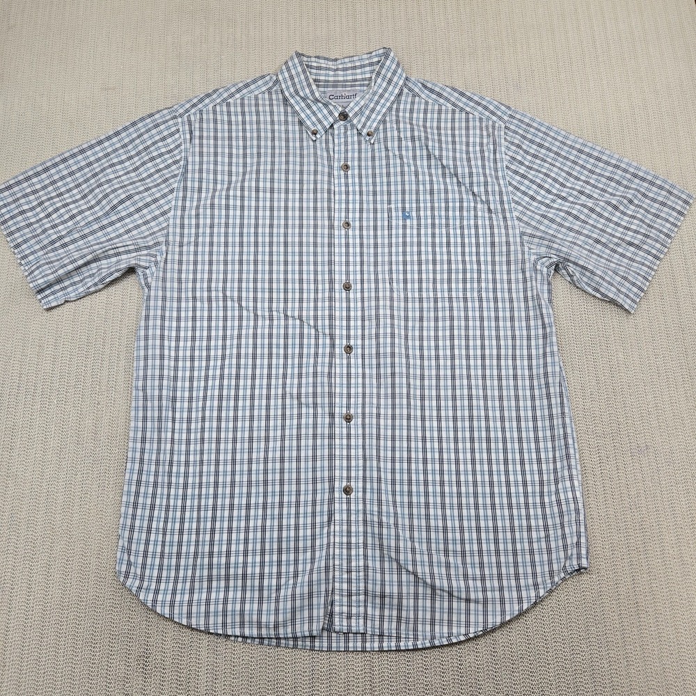 Carhartt Shirt Mens Large Blue Gray White Check Short Sleeve Pocket Logo